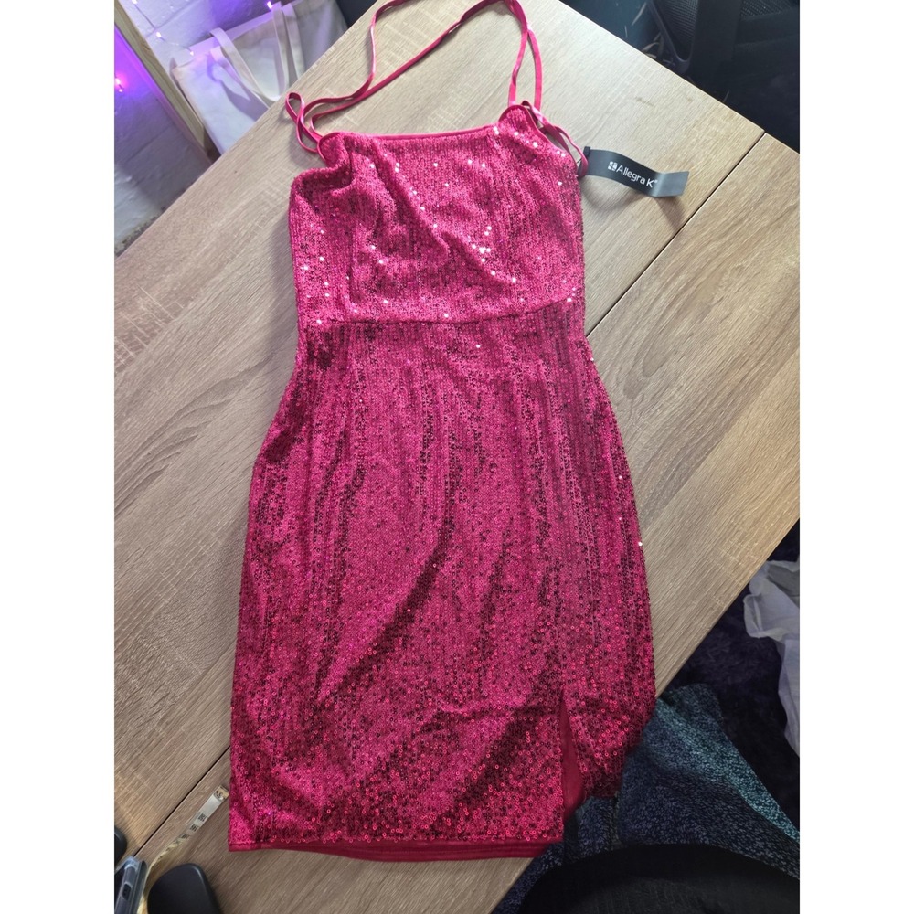 Allegra K Women Pink Sequin Lace Up Back Mini Dress Cocktail Party Size S NEW